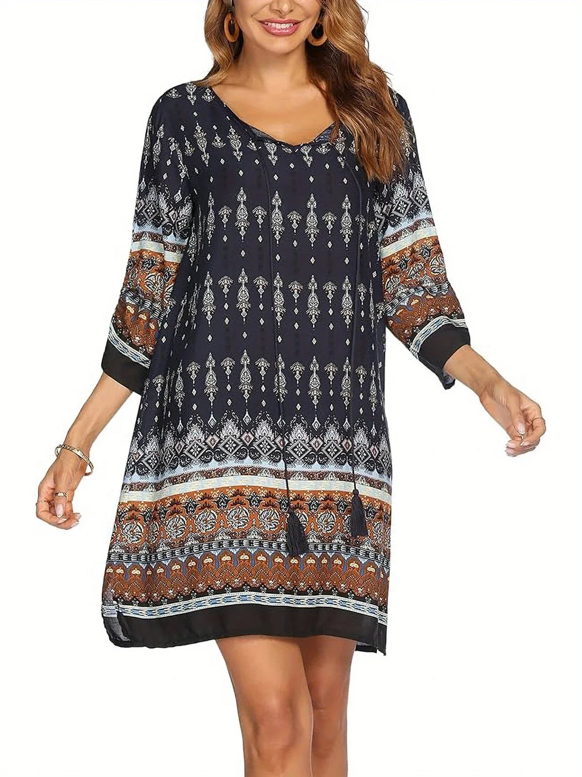 Boho Floral Kleid für Frauen - luftiges Sommerkleid mit 3/4 Ärmeln, Schleifenband in der Taille und lässiger Passform