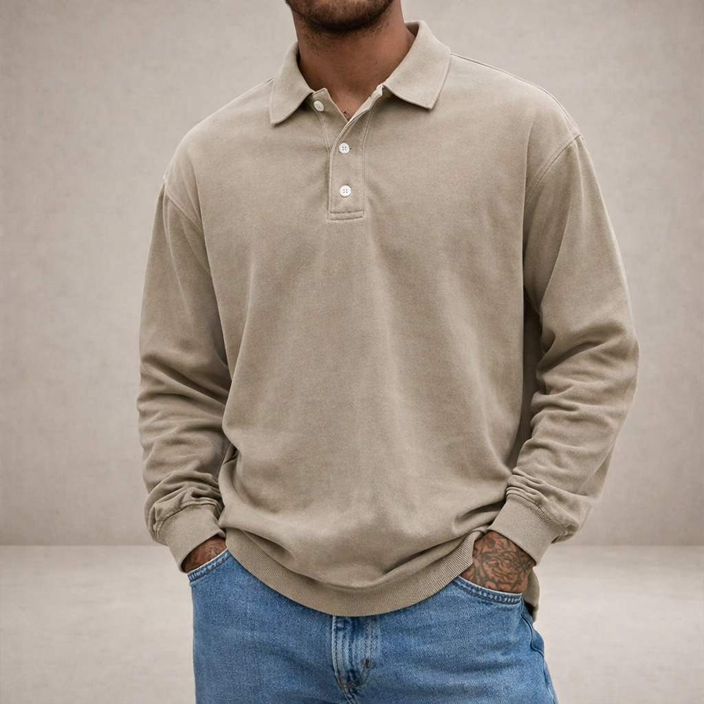 Herren Elegantes Langarm-Polohemd mit Knopfleiste