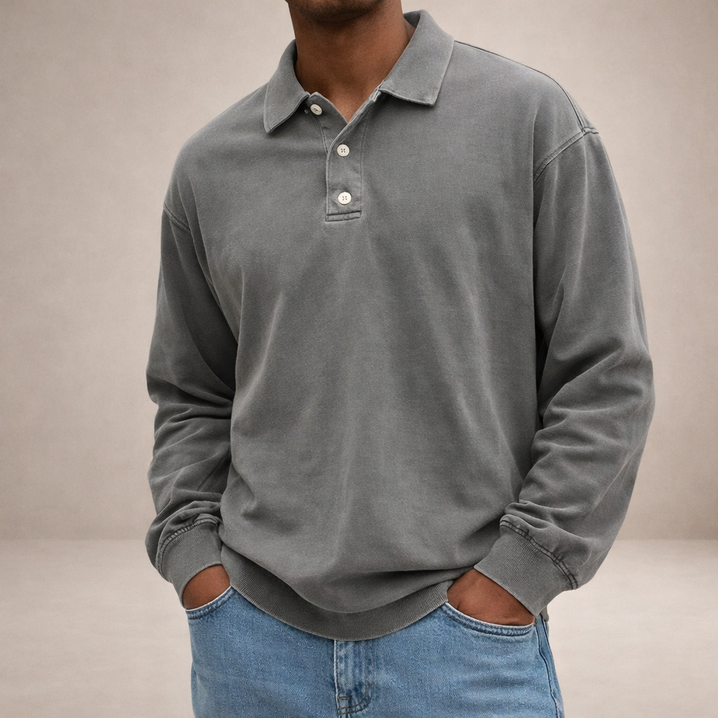Herren Elegantes Langarm-Polohemd mit Knopfleiste