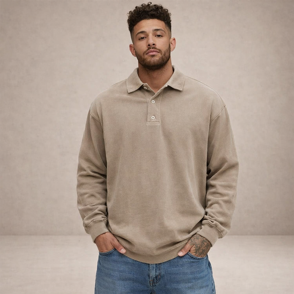 Herren Elegantes Langarm-Polohemd mit Knopfleiste