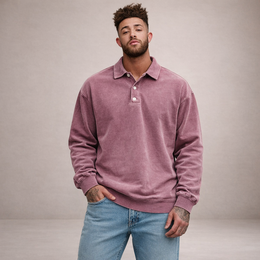 Herren Elegantes Langarm-Polohemd mit Knopfleiste