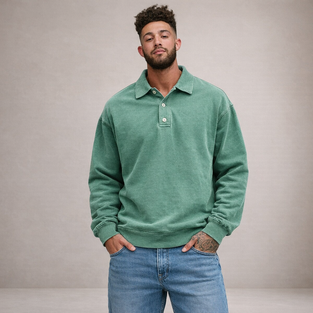 Herren Elegantes Langarm-Polohemd mit Knopfleiste