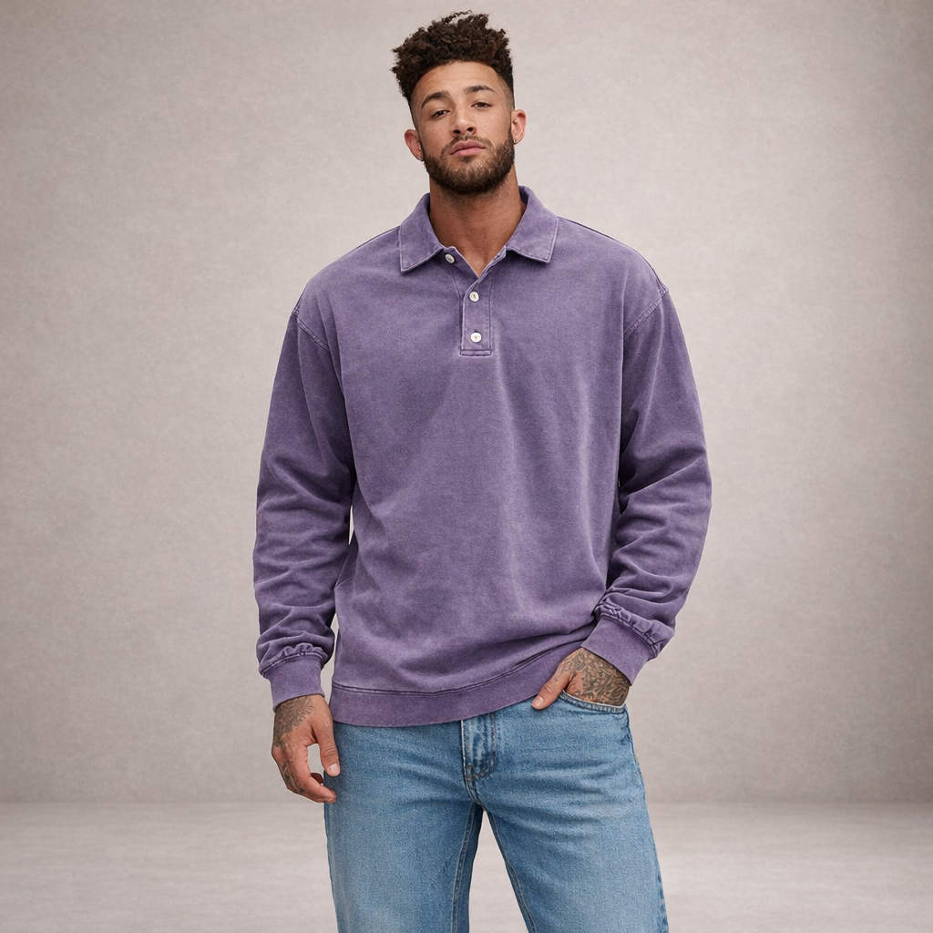 Herren Elegantes Langarm-Polohemd mit Knopfleiste