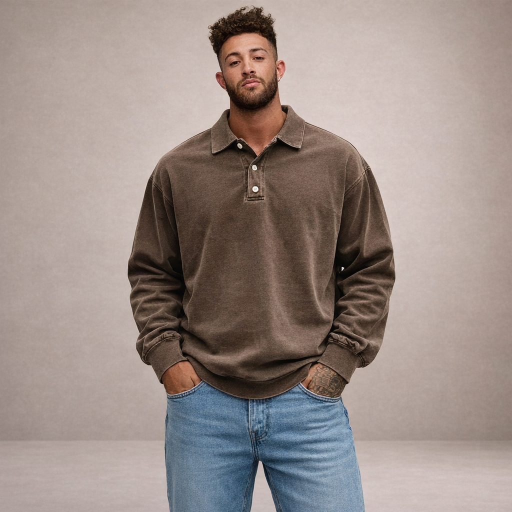 Herren Elegantes Langarm-Polohemd mit Knopfleiste