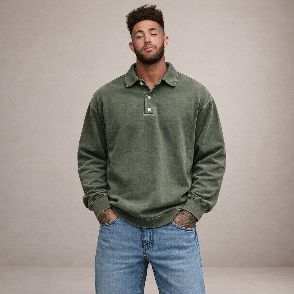 Herren Elegantes Langarm-Polohemd mit Knopfleiste