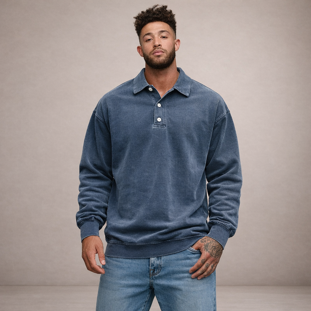Herren Elegantes Langarm-Polohemd mit Knopfleiste