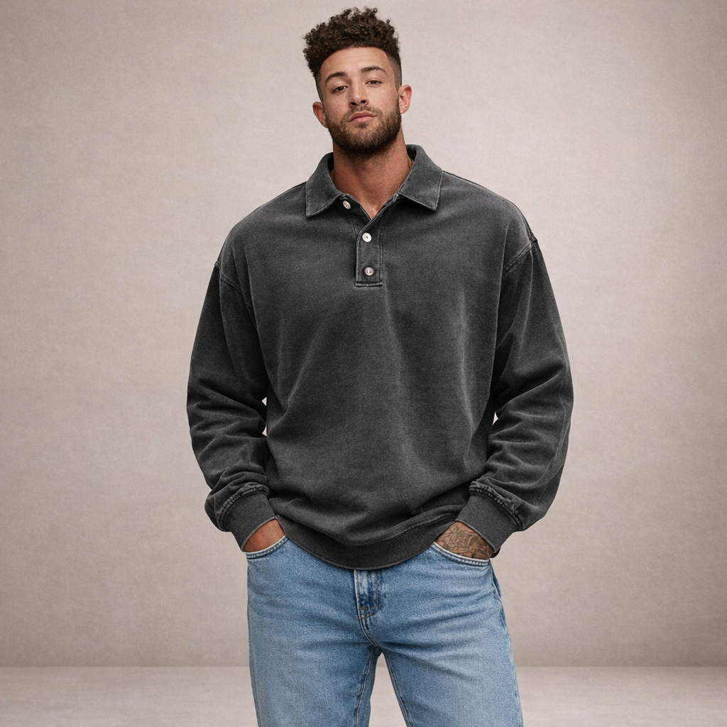 Herren Elegantes Langarm-Polohemd mit Knopfleiste
