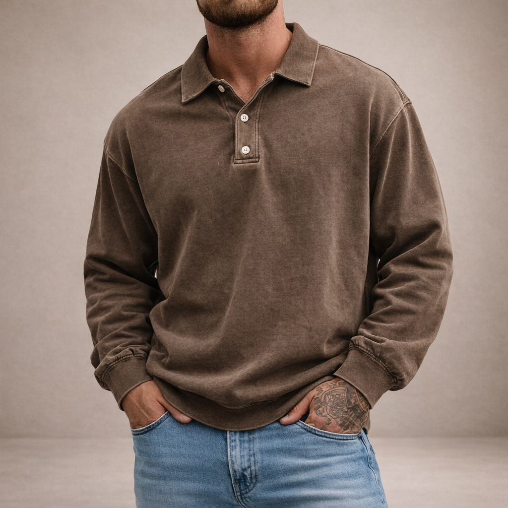 Herren Elegantes Langarm-Polohemd mit Knopfleiste
