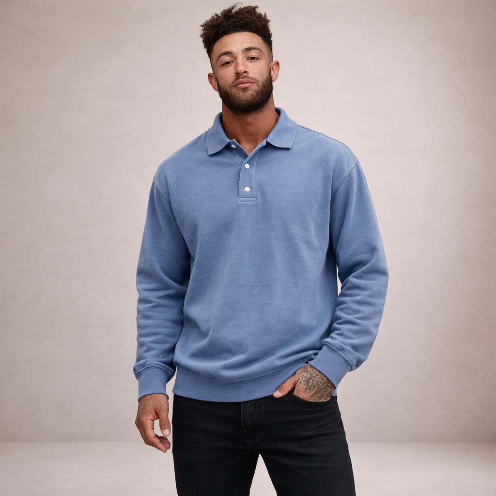 Herren Elegantes Langarm-Polohemd mit Knopfleiste