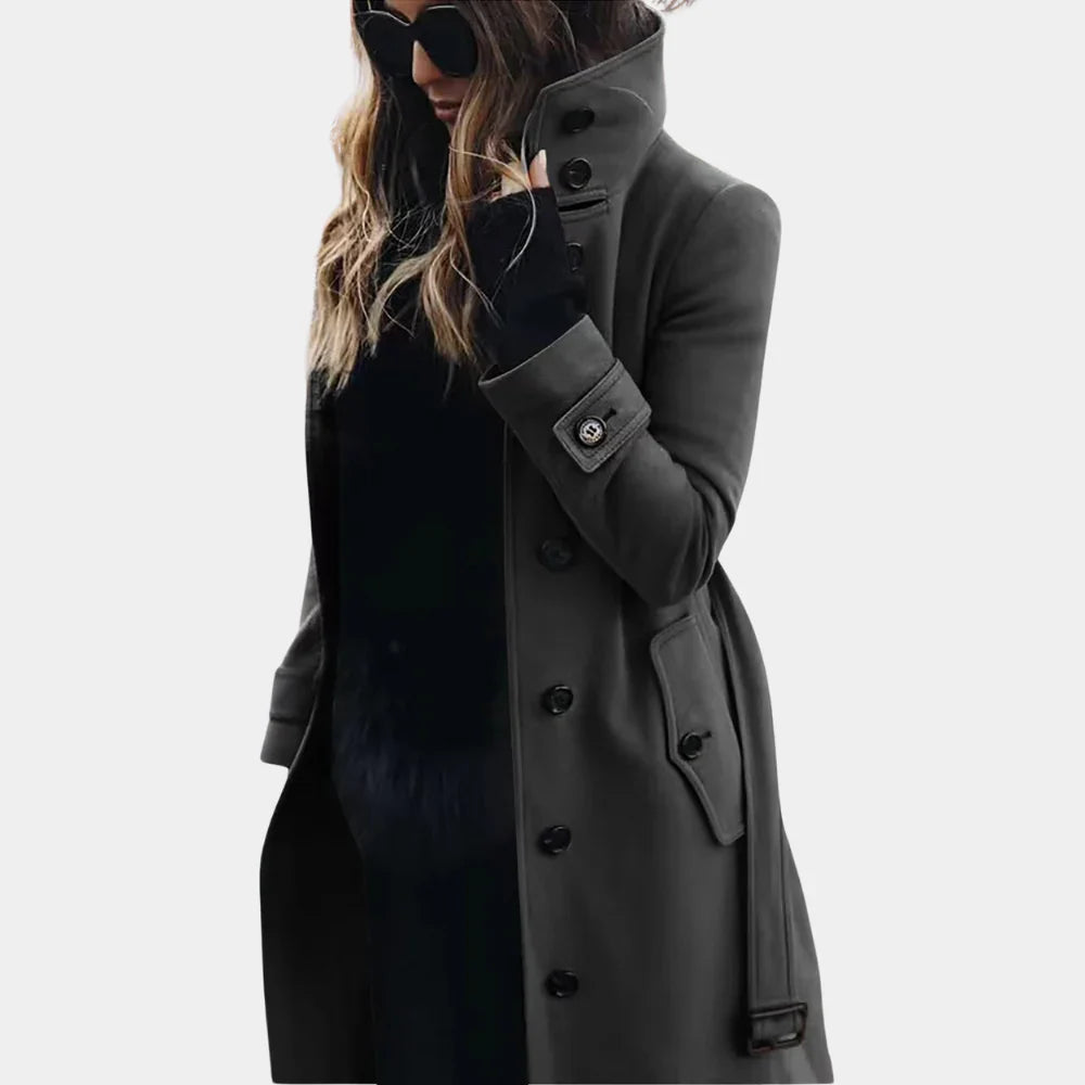 Eleganter Damen-Trenchcoat mit hoher Kragen und Taillengürtel