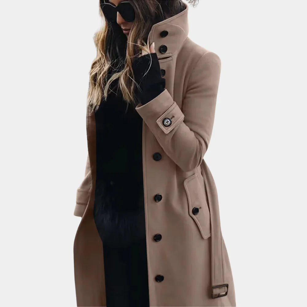 Eleganter Damen-Trenchcoat mit hoher Kragen und Taillengürtel