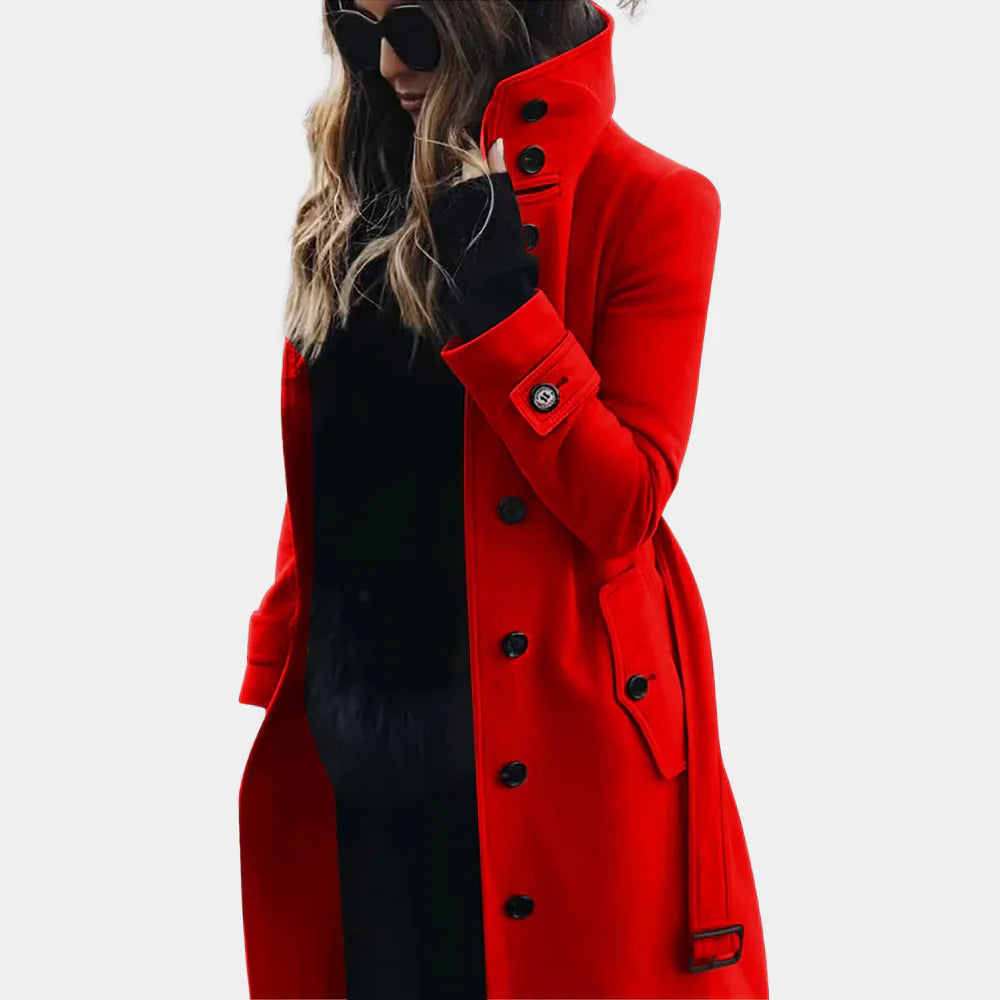Eleganter Damen-Trenchcoat mit hoher Kragen und Taillengürtel