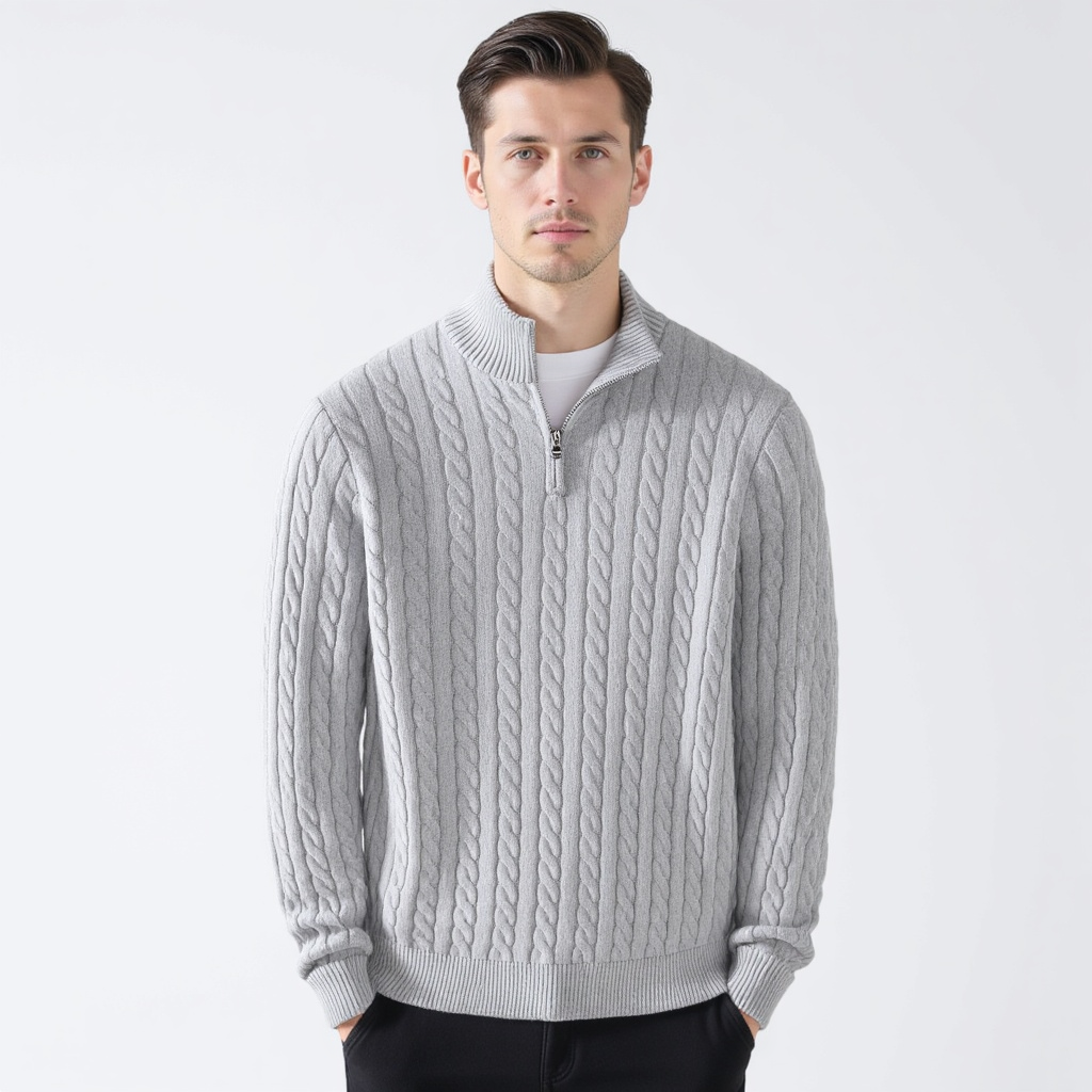 Herren Zip-Pullover Aus Baumwolle mit Zopfmuster
