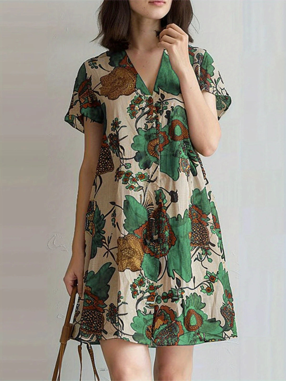 Vintage Blumenkleid mit V-Ausschnitt – A-Linie, Kurzarm, Leicht & Luftig für Alltag, Freizeit & Urlaub