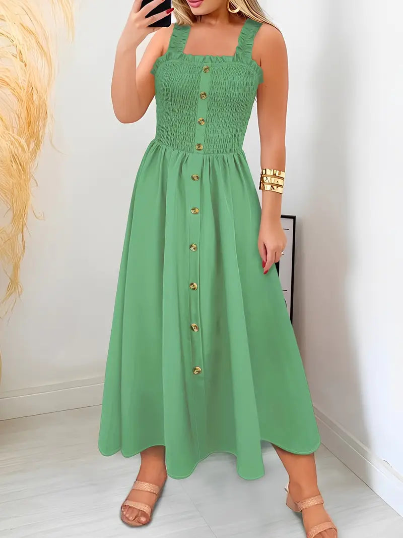 Elegantes Maxikleid - ärmellos, quadratischer Ausschnitt, Knopfverschluss, luftige A-Linien-Passform, perfekt für den Sommer