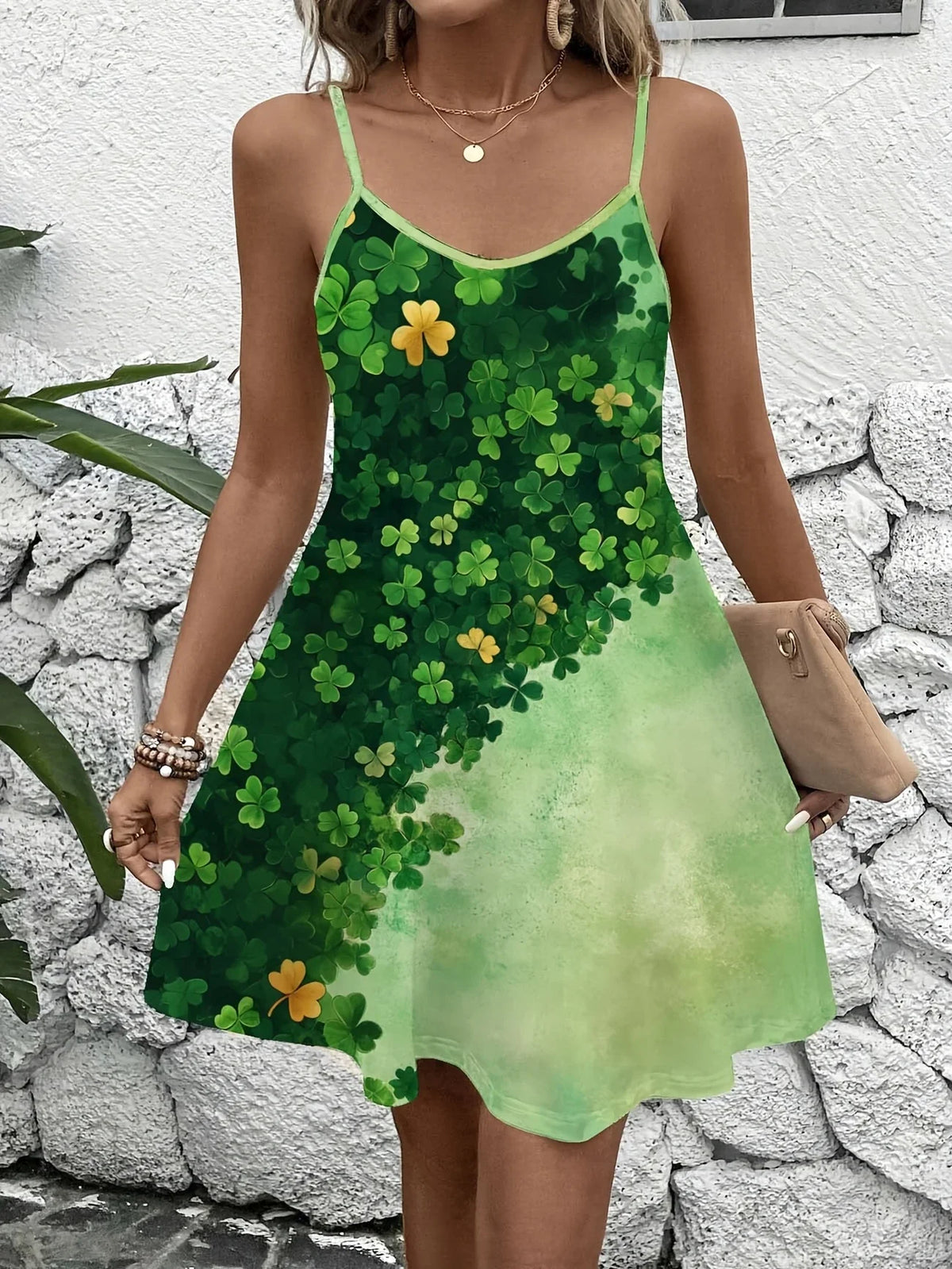 Cami Kleid - Glücksklee Druck, ärmellos, A-Linie, lässig, luftig, bequem, Polyester, elegantes Strandkleid für Damen