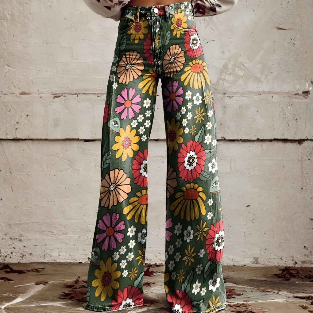 Damen Lange Hosen – Ritan Blumen- und Einfarbige Muster