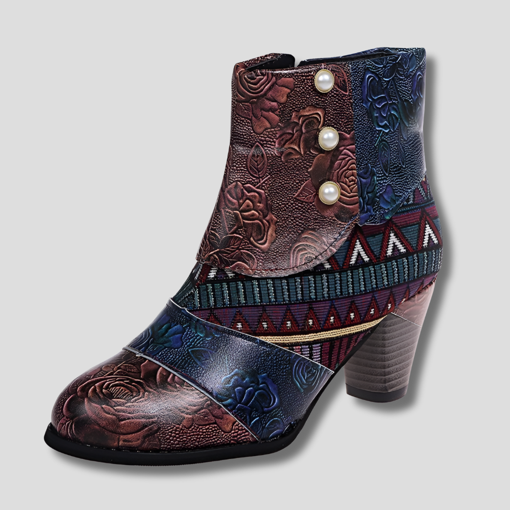 Embossed Floral Leather with Chunky Heel and Vintage Charm