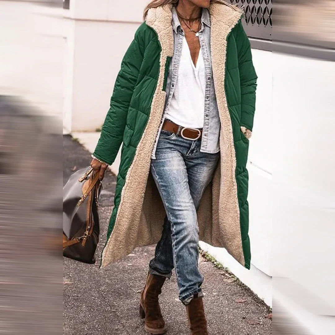 Lange, warme Damen-Winterjacke mit Wendefunktion