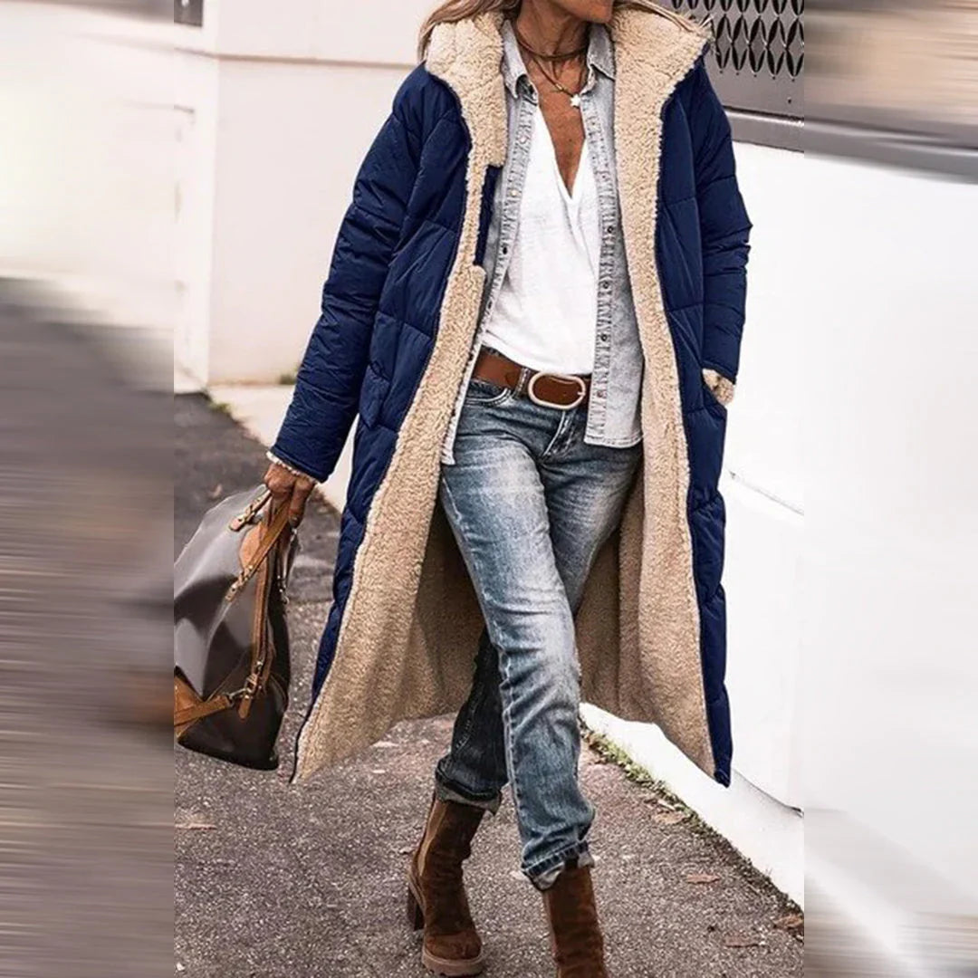 Lange, warme Damen-Winterjacke mit Wendefunktion