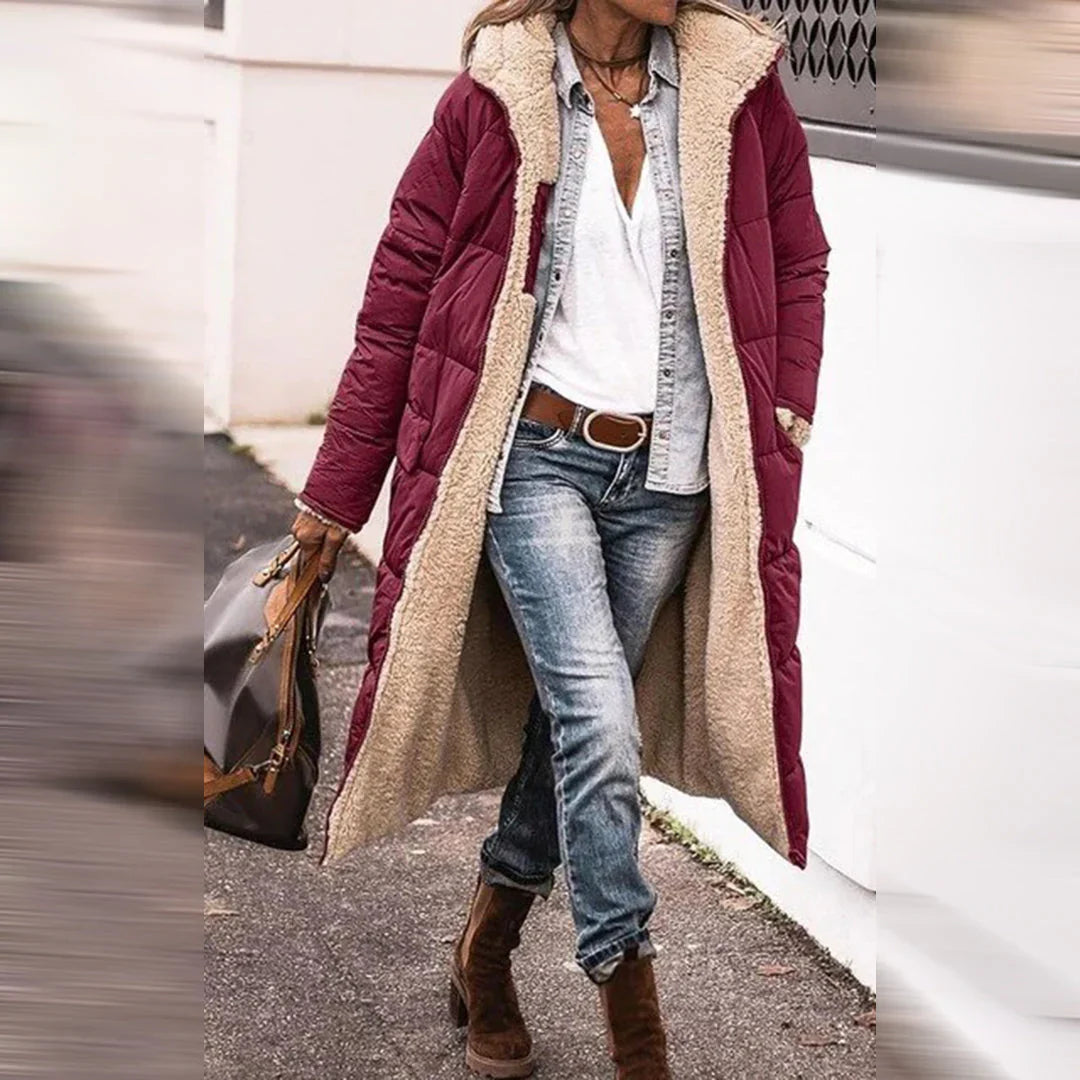 Lange, warme Damen-Winterjacke mit Wendefunktion