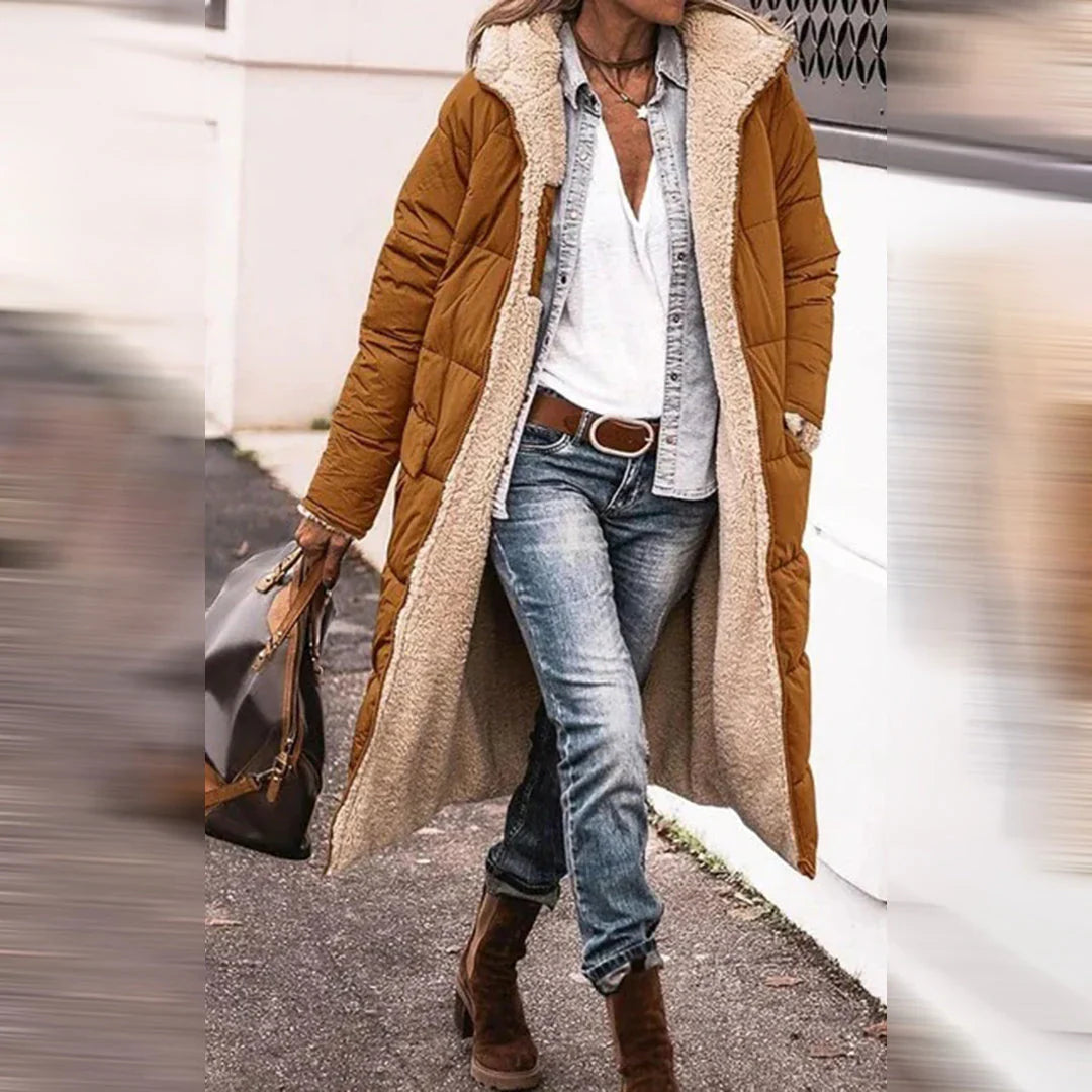 Lange, warme Damen-Winterjacke mit Wendefunktion