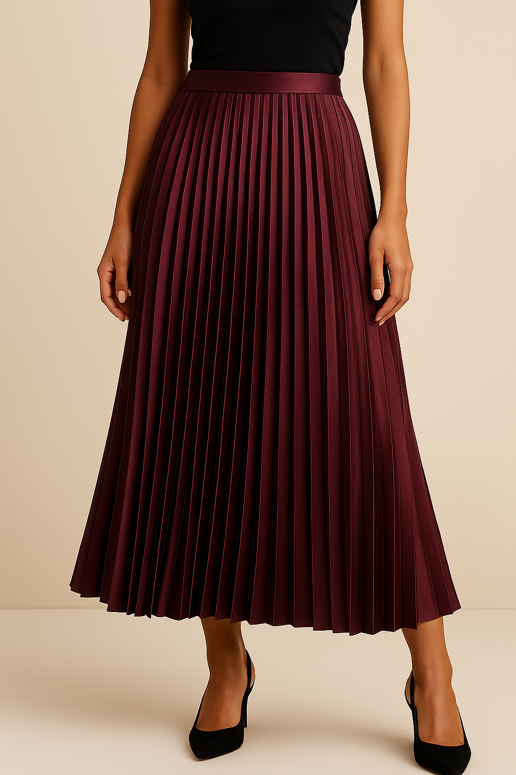 Satiniert plissierter Midirock mit hoher Taille