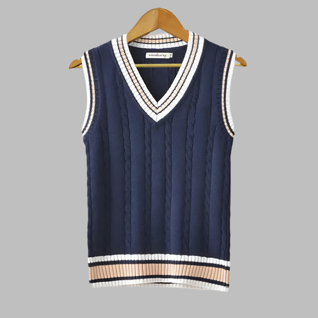 Ärmelloser Pullover im Retro-Streifen-Preppy-Stil
