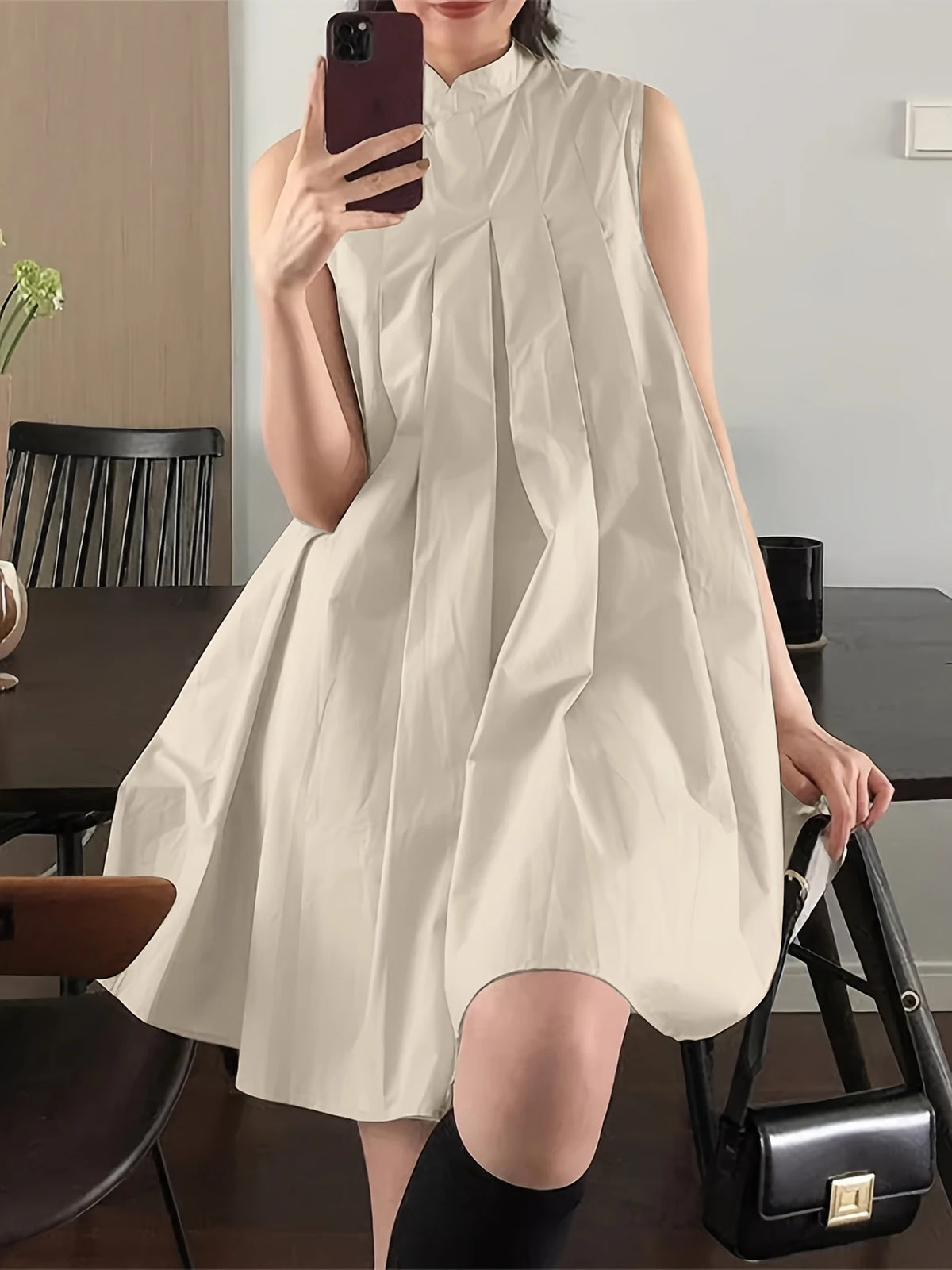 Ärmelloses Sommerkleid – Stehkragen mit Knöpfen, elegantes A-Linien-Kleid aus leichtem Polyester mit Taschen