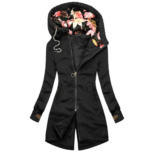 Stilvolle Damenjacke mit Reißverschluss und floraler Kapuze