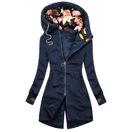 Stilvolle Damenjacke mit Reißverschluss und floraler Kapuze
