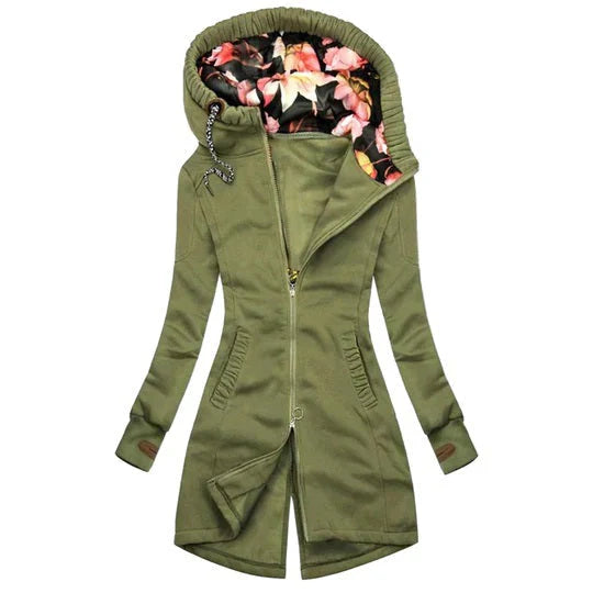 Stilvolle Damenjacke mit Reißverschluss und floraler Kapuze