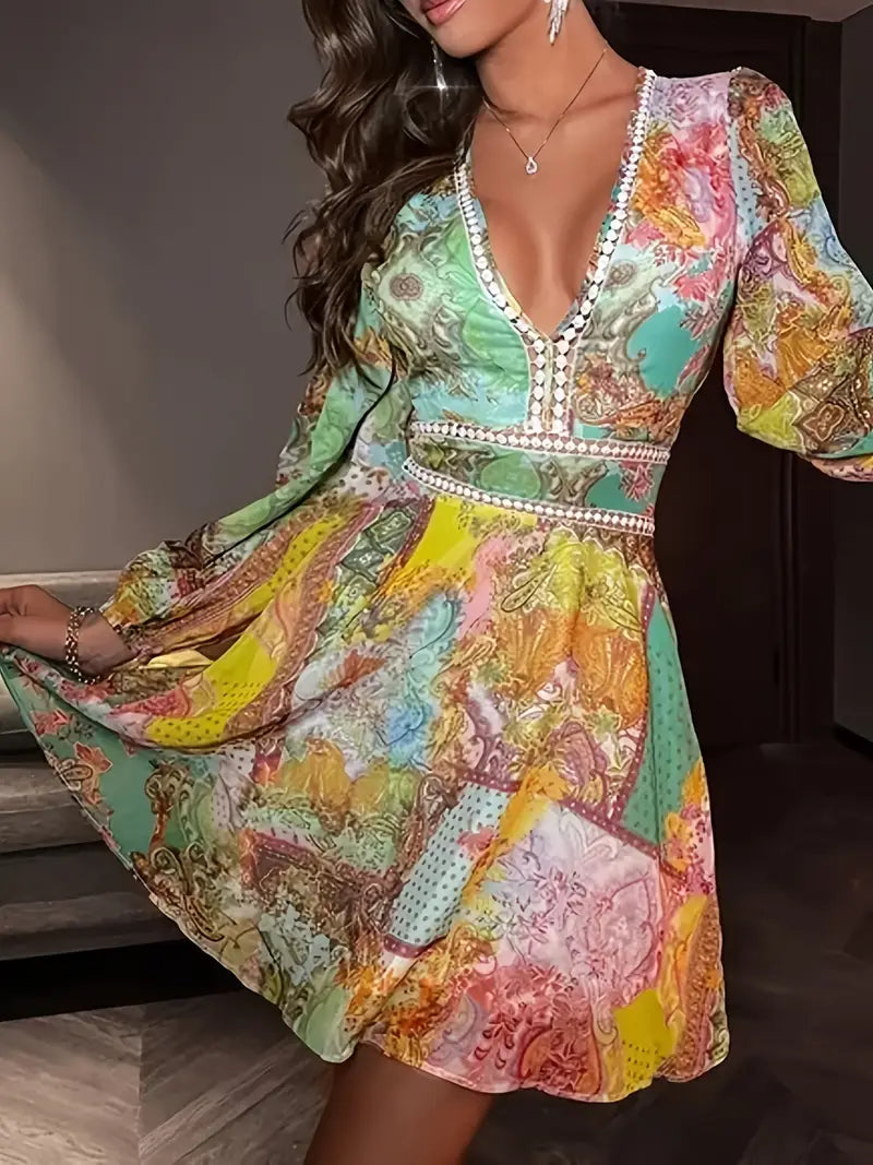 Boho-Minikleid - Blumendruck, V-Ausschnitt & Spitzenbesatz - Luftig & stilvoll für den Sommer