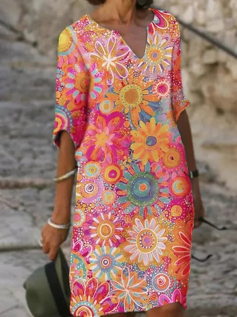 Kleid mit V-Ausschnitt und romantischem Blumendruck