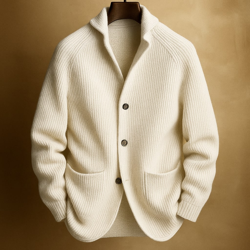Herren Eleganter Strukturierter Strickcardigan aus Rippwolle