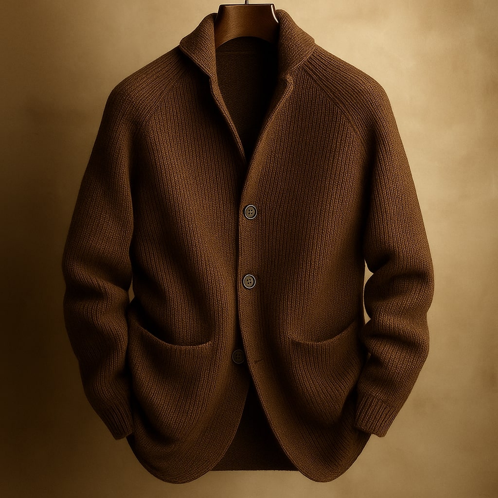 Herren Eleganter Strukturierter Strickcardigan aus Rippwolle