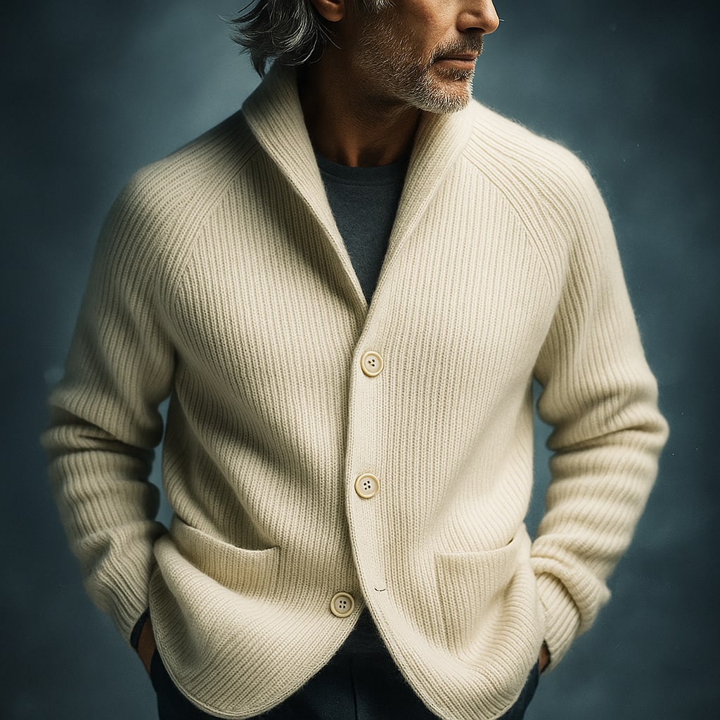 Herren Eleganter Strukturierter Strickcardigan aus Rippwolle