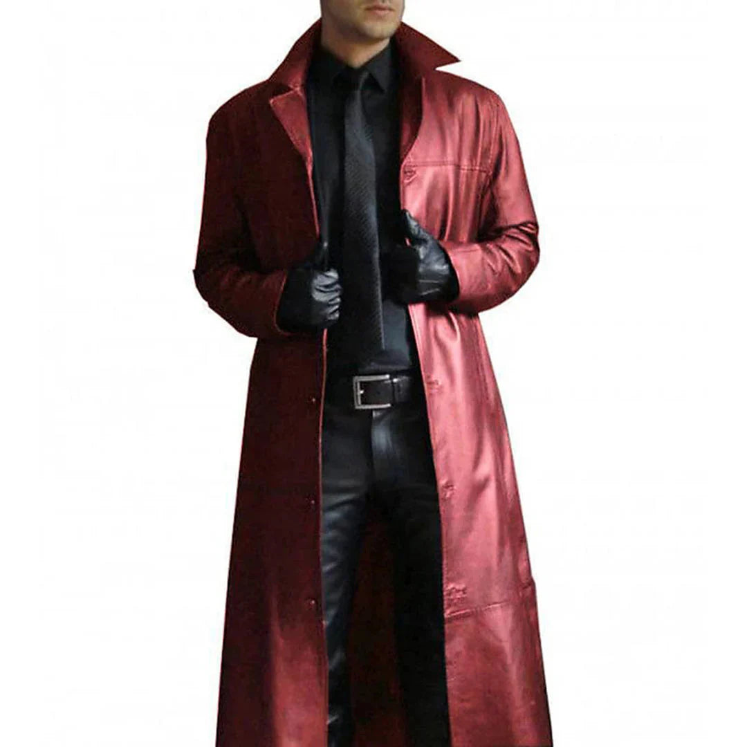 Lange Herren-Winterjacke aus Kunstleder mit klassischem Trenchcoat-Design