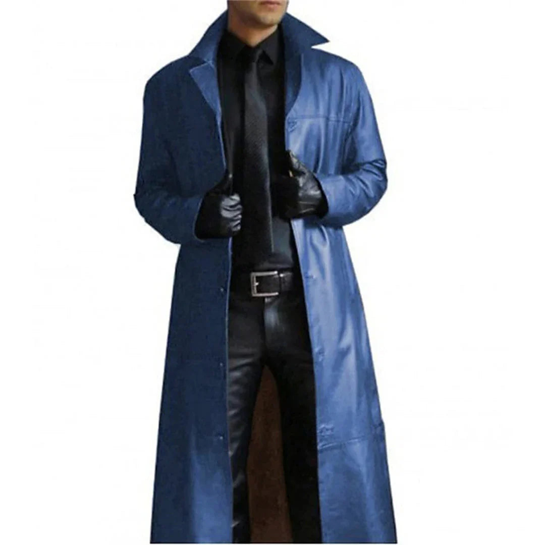 Lange Herren-Winterjacke aus Kunstleder mit klassischem Trenchcoat-Design