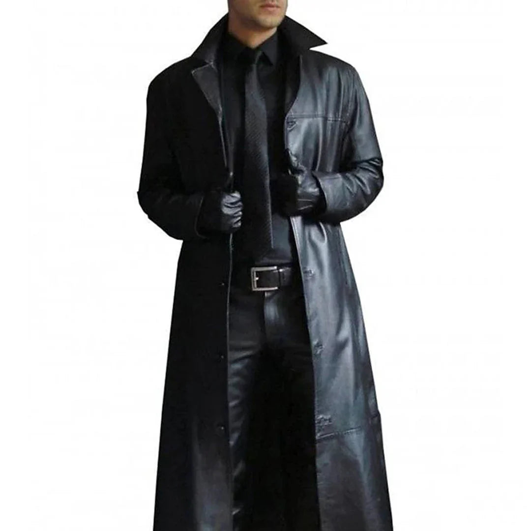 Lange Herren-Winterjacke aus Kunstleder mit klassischem Trenchcoat-Design