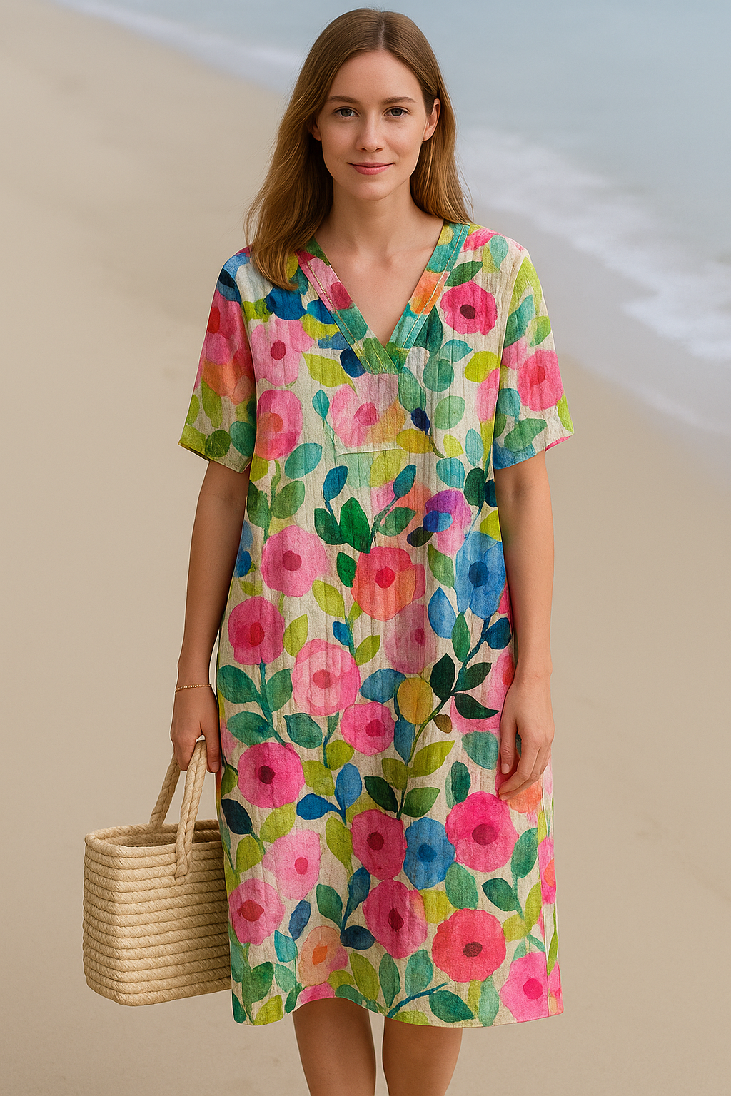 Frühlingshaftes, farbenfrohes, bequemes Kleid mit Blumenmuster