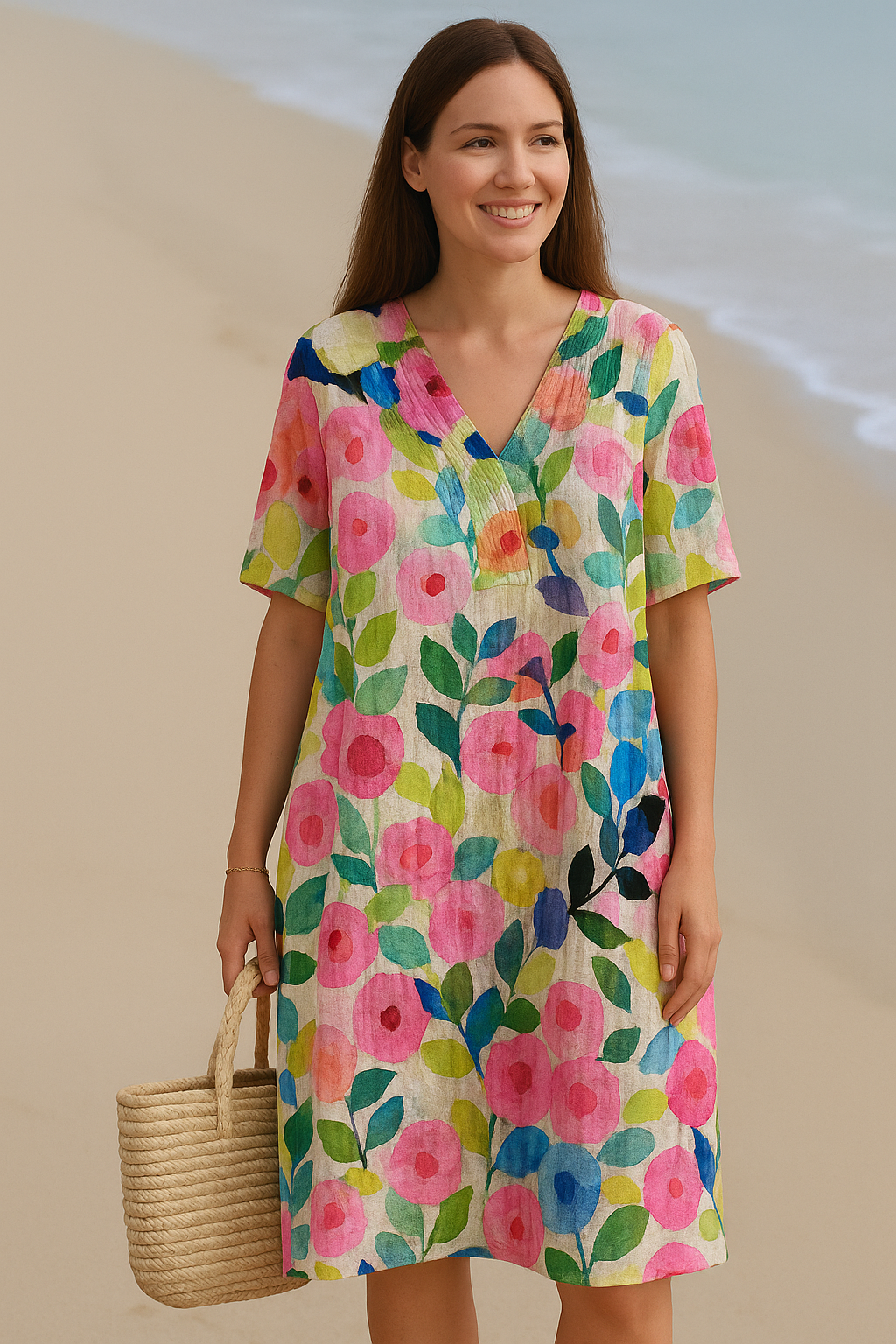 Frühlingshaftes, farbenfrohes, bequemes Kleid mit Blumenmuster