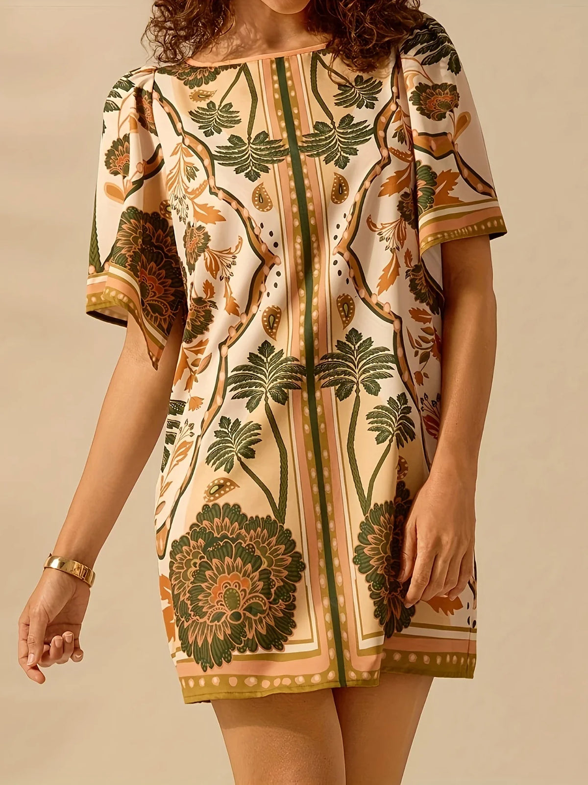 Tropical Print Sommerkleid - Kurze Ärmel, runder Ausschnitt, lässig, luftig & bequem Polyesterkleid