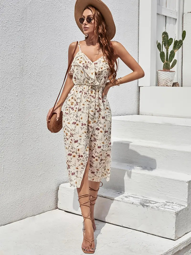 Ärmelloses, florales Midikleid - Elegantes Sommerkleid mit V-Ausschnitt, Rüschen und bequemer Passform