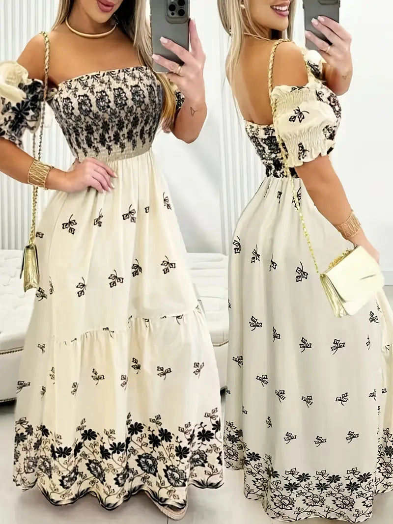 Schmeichelhaftes Maxikleid mit Blumenmuster - schulterfrei, lange Ärmel und bequeme Passform