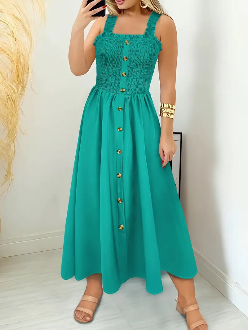 Elegantes Maxikleid - ärmellos, quadratischer Ausschnitt, Knopfverschluss, luftige A-Linien-Passform, perfekt für den Sommer