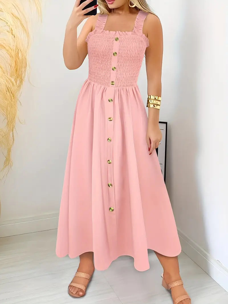 Elegantes Maxikleid - ärmellos, quadratischer Ausschnitt, Knopfverschluss, luftige A-Linien-Passform, perfekt für den Sommer