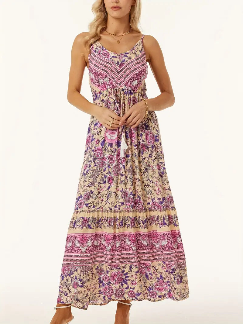 Boho Cami Maxikleid - Blumendruck, ärmellos, verstellbare Taille & schwingender Rock - Ideal für den Strand