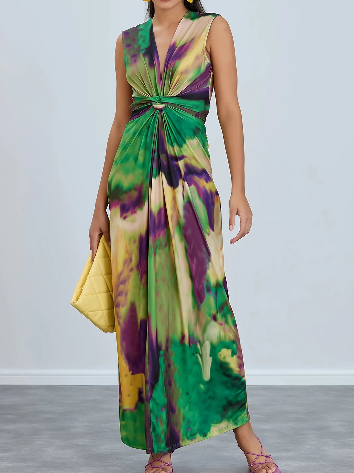 Elegantes Maxikleid mit Twist-Front – Buntes Tie-Dye-Design, ärmellos, luftiges Polyester für Frühling & Sommer