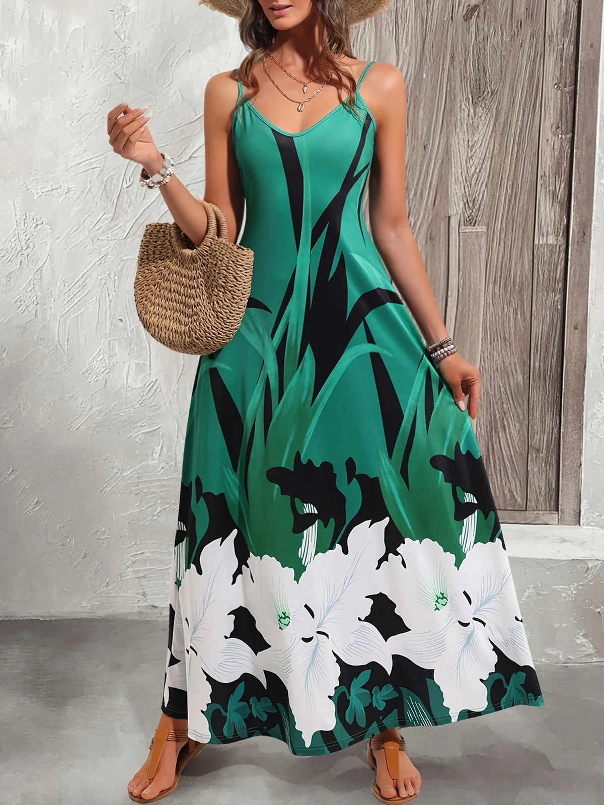 Trägerloses Midikleid aus geblümtem Jersey - V-Ausschnitt, elegantes Sommerkleid aus luftigem Stretch-Stoff, bequemes Strandkleid